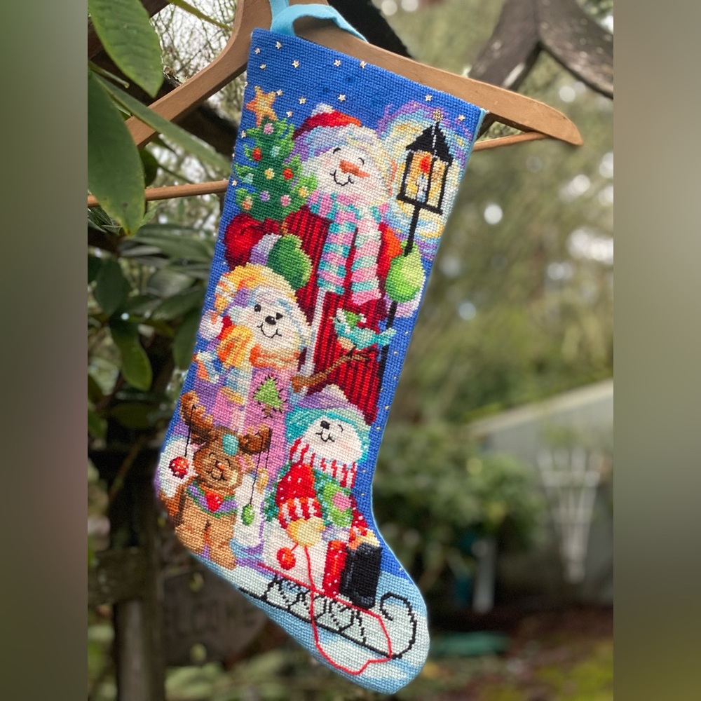 Christmas Stocking Embroidered Needlepoint Snowman Family 1990s Bucilla
